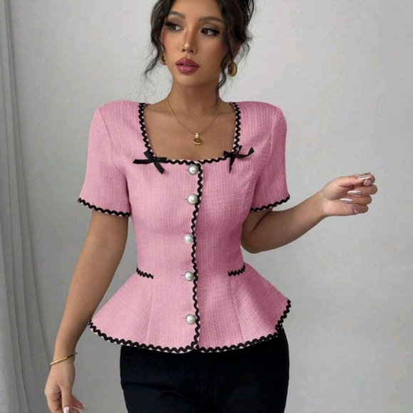 Women's Square Neck Flared Waist Bowknot Ruffle Trim Short Sleeve Blouse - Picture 3 of 4